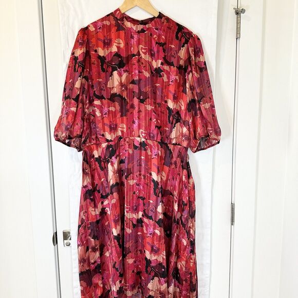 Lane Bryant Dress 18 Red Floral Balloon Sleeve 80s Midi High Low Party Wedding - Picture 11 of 16